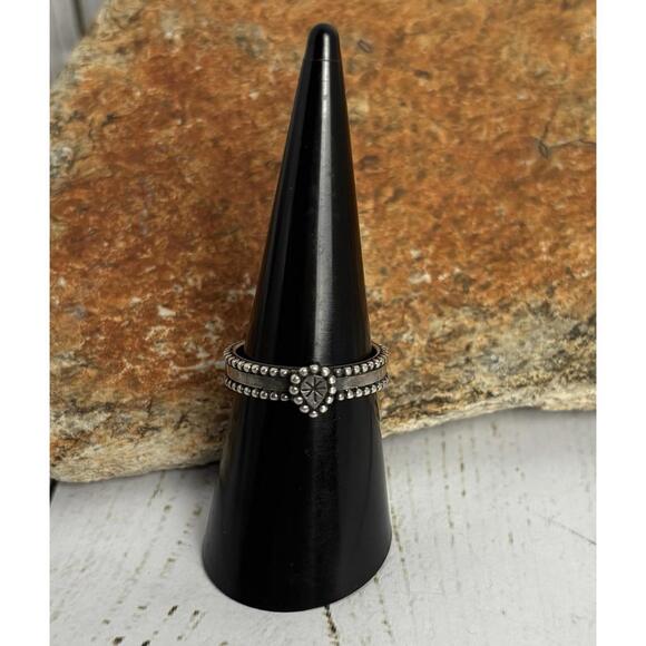 Peyote Bird Jewelry - Antiqued Silver Tone Beaded Heart Starburst Band Ring Size 7 Boho Style